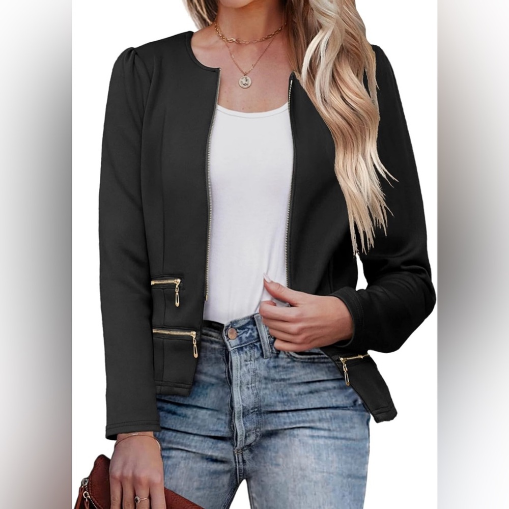 Black Blazer Jacket with Silver Zipper